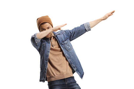 Guy in casual clothes making a dab pose isolated on white background