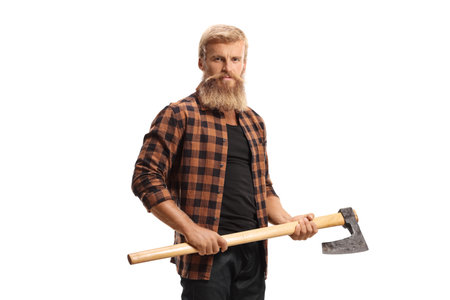 Bearded man holding a hatchet isolated on white backgroundの写真素材