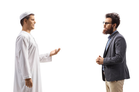 Profile shot of a man in ethnic clothes talking to a casual bearded man isolated on white backgroundの写真素材