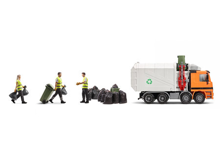 Waste collectors with a truck collecting bags isolated on white background