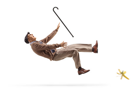 Elderly man with a walking cane slipping on banana peel isolated on white backgroundの写真素材