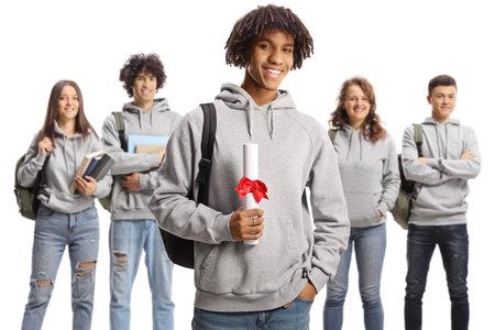 Group of male and female students and an african american student holding a college certificate isolated on white backgroundの写真素材
