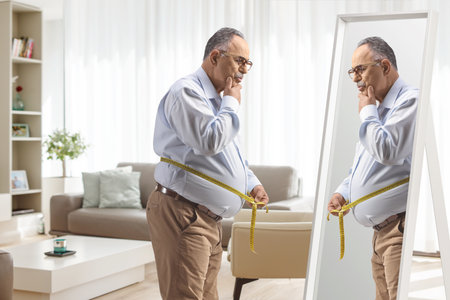 Pensive mature man measuring waist with a tape in front of a mirror in a living room at homeの写真素材
