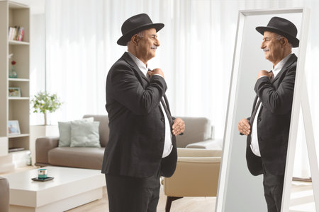Elegant mature gentleman getting ready and sorting his clothes in front of a mirror in a living roomの写真素材