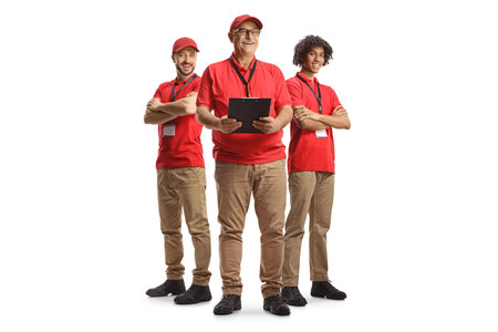 Full length portrait of a team of salesmen in a uniform isolated on white backgroundの写真素材