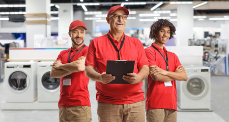 Team of male store assistants standing inside an electrical appliances storeの写真素材