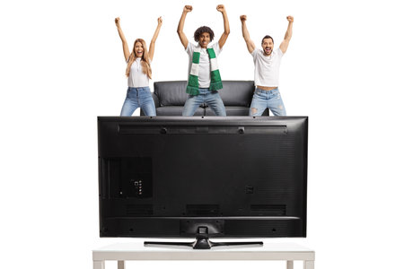 Young people watching football and cheering in front of a tv isolated on white backgroundの写真素材