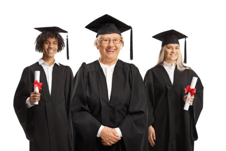 Mature female professor and graduate students posing isolated on white backgroundの写真素材