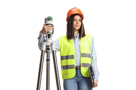 Female geodetic surveyor with a measuring device isolated on white background