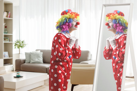 Clown standing in front of a mirror at home in a living roomの写真素材