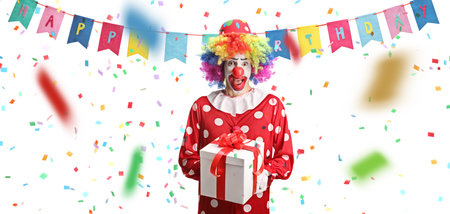 Clown with a birthday present and confetti around isolated on white backgroundの写真素材