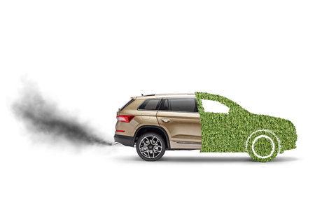 SUV half made of grass and the other half polluting the air with smoke isolated on white background