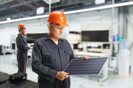 Workers inside a solar panel factory, sustainable solutions for energy industry