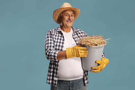 Mature farmer holding a bucket full of hay isolated on blue background