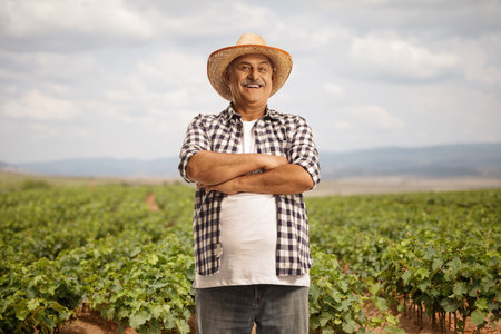 Mature farmer smiling and posing with crossed arms at a vineyardの写真素材