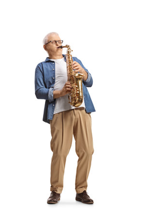 Full length shot of a casual mature man playing a saxophone isolated on white backgroundの写真素材