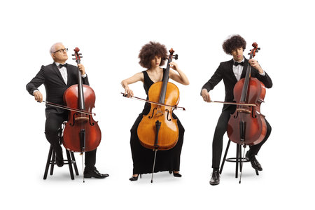 Performers playing cellos isolated on white backgroundの写真素材