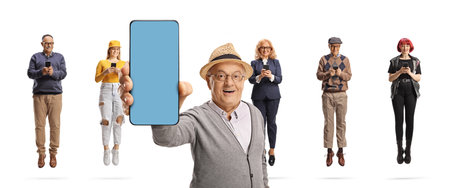 Senior with a smartphone and group of happy people using smartphones isolated on white backgroundの写真素材