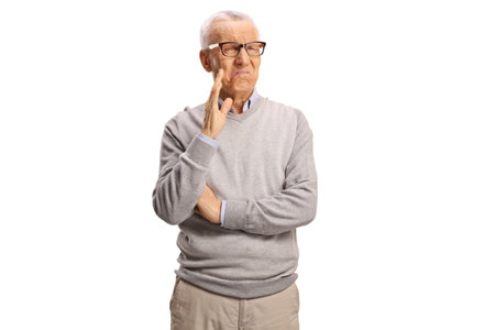 Disgusted elderly man gesturing with hand isolated on white background