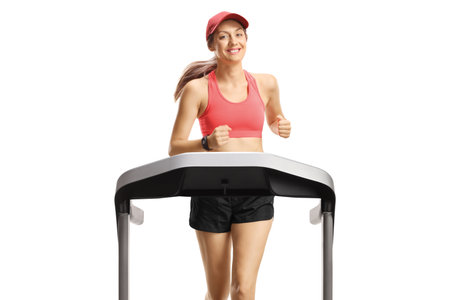 Portrait of a young woman smiling and running on a treadmill isolated on white background