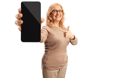 Happy smartphone user pointing at screen isolated on white background