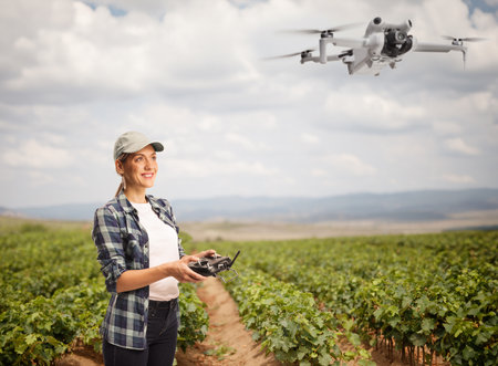 Young female farmer flying a drone on a vineyard fieldの写真素材