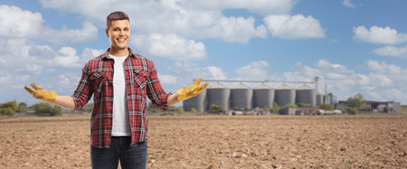 Farmer with gloves posing on a field with silosの写真素材