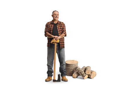 Mature man with a pile of firewood leaning on an axe isolated on white backgroundの写真素材