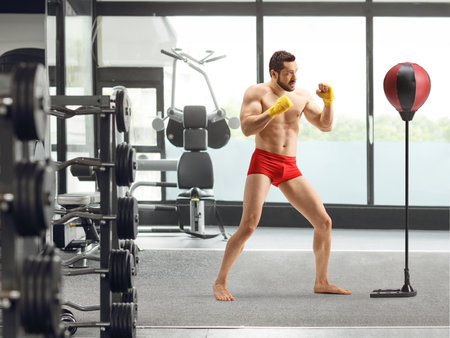 Full length shot of a young man in red shorts practicing kickboxing at a gymの写真素材