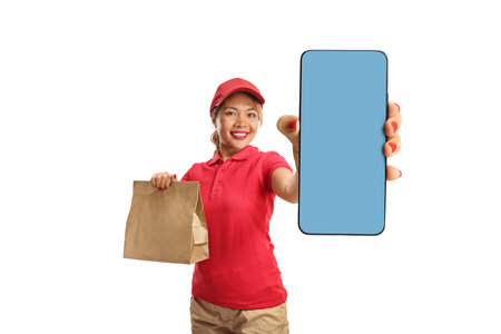 Food delivery woman using smart phone isolated on white backgroundの写真素材