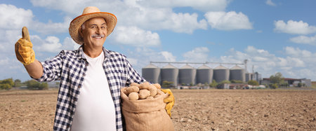 Mature farmer holding a sack of potatoes and gesturing thumbs up on a field with silos