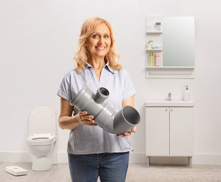 Woman holding a plastic water pipe in a bathroomの写真素材