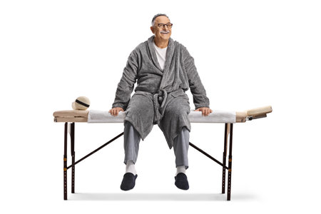 Elderly man in a bathrobe sitting on a massage table isolated on white backgroundの写真素材