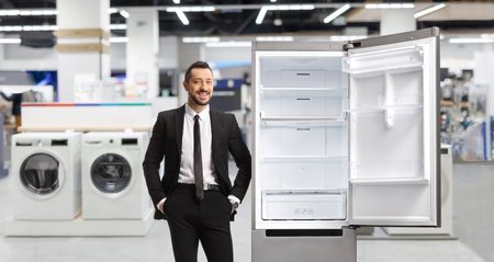 Businessman leaning on a fridge in a shopの写真素材