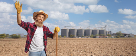 Bearded farmer with a shovel waving on a field with agricultural silosの写真素材
