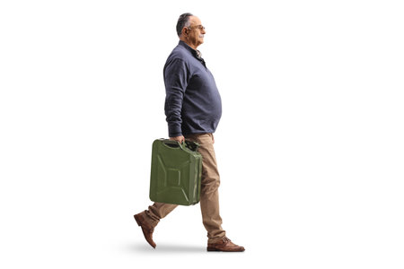 Full length profile shot of a mature man walking with a petrol canister isolated on white backgroundの写真素材