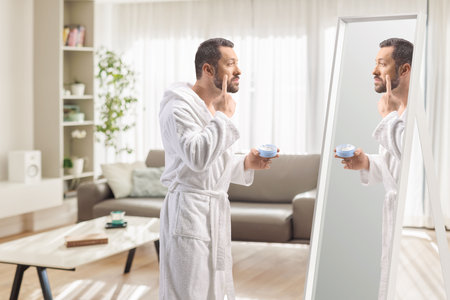 Man in a bathrobe applying face cream in front of a mirror in a living roomの写真素材