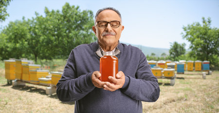 Mature man smelling a jar of honey at a bee farmの写真素材