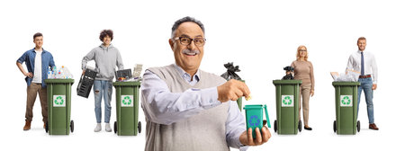 Mature man throwing waste in a small plastic bin and people recycling waste isolated on white backgroundの写真素材