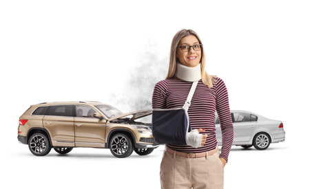 Injured woman in a car crash with arm sling and cervical collar isolated on white backgroundの写真素材
