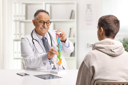 Mature male doctor explaining a cervical spine model to a young male patient at the officeの写真素材