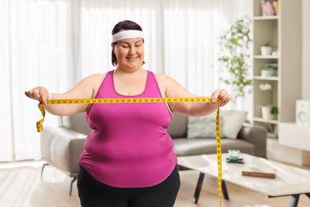 Plus size woman looking at a measuring tape in a roomの写真素材