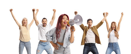 Group of young people cheering and an asian woman holding a megaphone isolated on white backgroundの写真素材