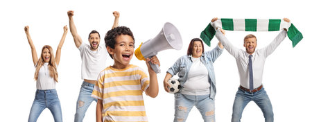 Kid holding a megaphone in front of football fans isolated on white backgroundの写真素材