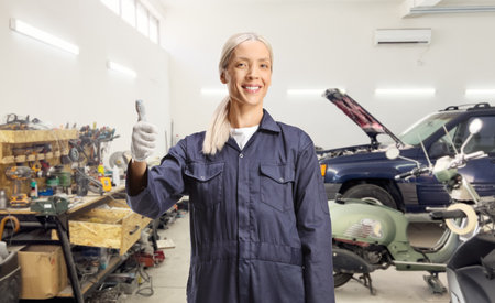 Female mechanic worker in a garage gesturing thumbs upの写真素材