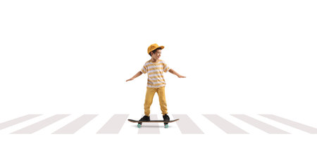 Boy with a yellow cap riding a skateboard at a zebra crossing isolated on white backgroundの写真素材