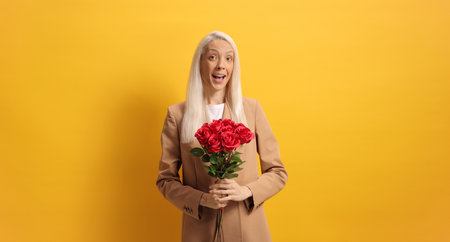 Woman holding red roses against a yellow backgroundの写真素材