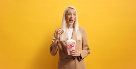 Excited woman holding a box of popcorn against yellow backgroundの写真素材