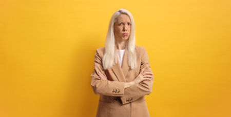 Stressed professional woman posing against yellow backgroundの写真素材