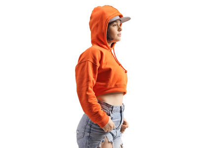 Young female with a cap and hoodie isolated on white backgroundの写真素材
